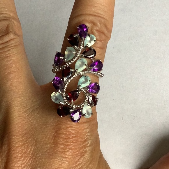 Natural Chalcedony Amethyst & Garnet gemstone sterling statement ring size 6.75 - Picture 3 of 6